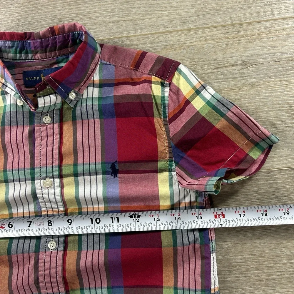 Ralph Lauren Polo Boys 7 Madras Plaid Short Sleeve Button Shirt Natural Stretch